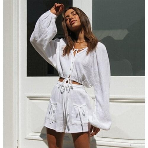 Ardm Casual V Neck With Button Two Piece Set Women Loose Crop Top Lace Up With Pockets Short Loungewear Women Summer 2021 New