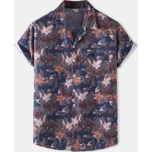 Shark Print Shirts Men Short Sleeve Casual Mens Aloha Shirt Beach Holiday Hawaiian Camisas Summer Brand New Cosy Chemise Homme