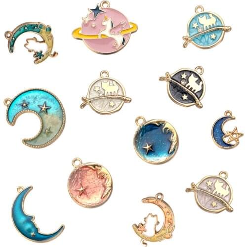 SAUVOO 10pcs Cute Moon Cat Star Enamel Charms Exquisite Pendant For Jewlery Making DIY Bracelet Earrings Necklace Girls Gift