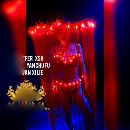 Stage dance wear Sexy Nightclub GOGO Womens Chinese Style LED Light Tassel Red Hat Costume