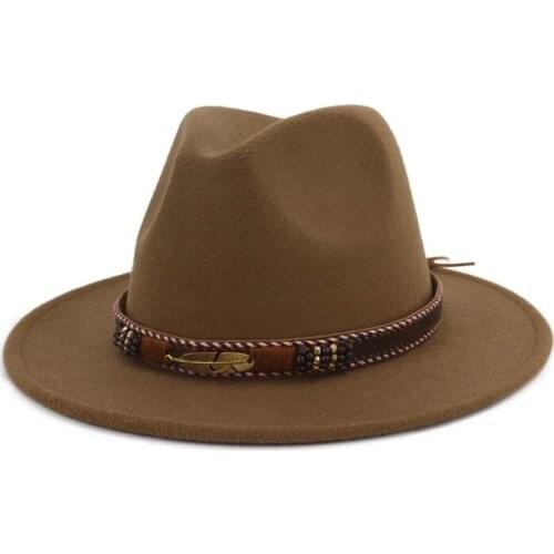 Men Women Vintage Ethnic Felt Shallow Fedoras Hat With Woven Belt Buckle Sunscreen Wide Brim Formal Floppy Trilby Jazz Cap 2XPC