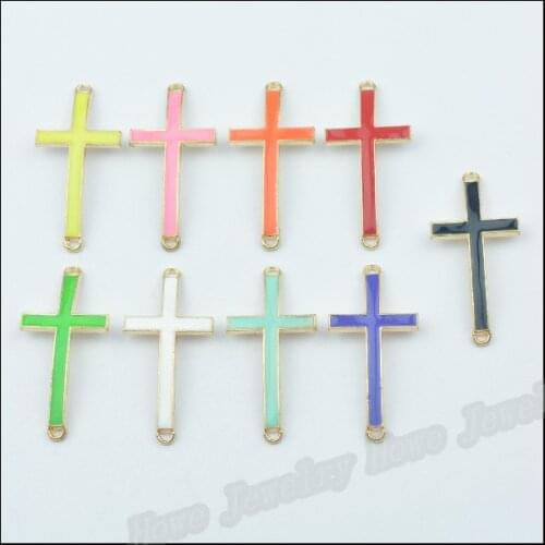 Mix 46*23MM DIY gold enamel sideway cross connector charms for bracelet making, metal cross pendants dangle jewelry making mixed