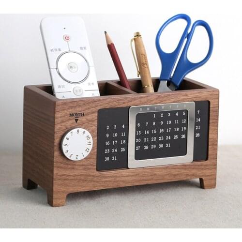 Solid Wood Calendar Pen Holder Multifunctional Desktop Office Organizer Stationery Pencil Storage Box Decoration