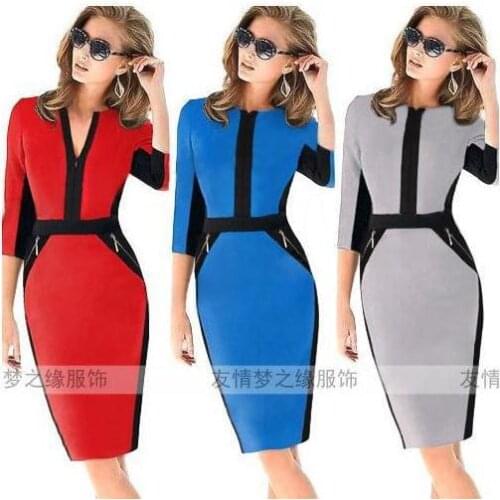 Spring and Winter VB Victoria Color Block Casual Pencil Dress Short-sleeve Knee Length Sheath Fashion Dresses
