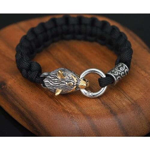 WANGAIYAO Mens Nordic Viking Myth Stainless Steel Odin Wolf Head Bracelet Umbrella Rope Braided Bracelet Holiday Gift for Boyfr