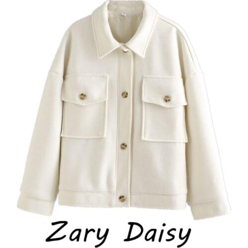 Zary Daisy European and American womens wear versatile retro Lapel handsome pocket decoration jacket short thick coat