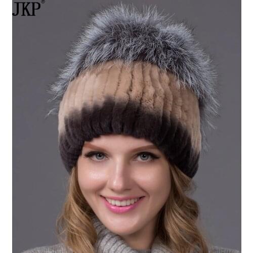 2021 winter new real rabbit fur color matching silver fox fox hair ball warm ladies rabbit fur hat