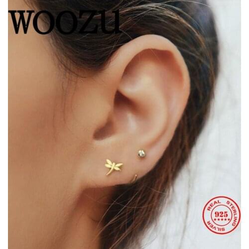 WOOZU Minimalist Real 925 Sterling Silver Mini Glossy Dragonfly Stud Earrings for Women Girls Jewelry Accessories Birthday Gifts