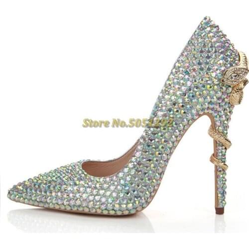 Crystal Women Dress Pumps Thin High Heel Snake Metal Slip On Sexy Pointed Toe Runway Women Shoes Custom Made Twinkle Spring Pump