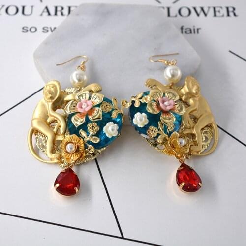 European And American Baroque Cute Little Monkey Earrings Female Funny Exaggerated Crystal Gem Fun Small Animal Ear Jewelry