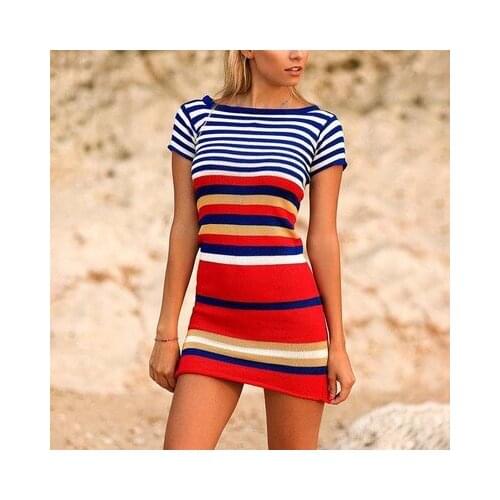 Womens Harajuku O-Neck Pullover Mini Short Sleeve Dress Sexy Slim Contrast Striped Knit Short Sleeve Dress Office Party Clothes