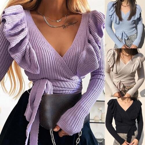 Dropshipping Autumn Winter Women V Neck Long Sleeve Ruffles Knitted Sweater Bandage Pullover