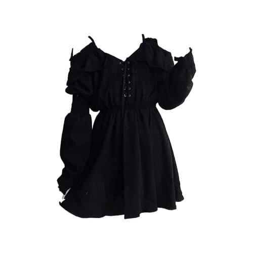 New Spring Summer Harajuku Gothic Black Dress Hot Girl Fashion Long Sleeves Temperament Slim Sweet Kawaii V-Neck Dress