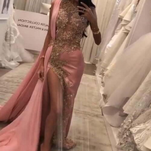 New Design Pink Evening Dresses Beads Robe De Soiree Applique Prom Gowns One Shoulder abendkleider abiye Formal Dress Slit
