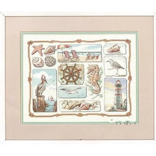 11/14/16/18/27/22/25ct Lovely Counted Cross Stitch Kit Shore Sampler Lighthouse Beacon Seabird Shell Dim 13614