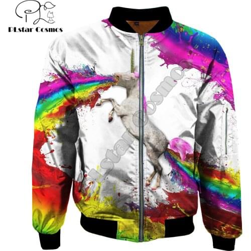 2019 Fashion Mens bomber jackets Rainbow unicorn horse Funny Printed 3d Zip Long Sleeve Pullover Unisex Casual Zipper jacket