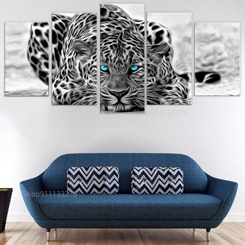 Wall Art Prints Pictures Framework 5 Pieces Blue Eyes Leopard Tiger Canvas Paintings Home Decor Black And White Animal Poster