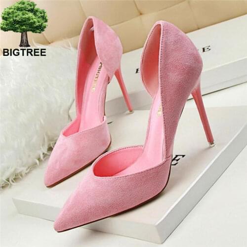 BIGTREE Sexy Side Cut-outs Women' Office Shoes Fashion Shallow Women Pumps Solid Flock Pointed Toe High Heels Shoes For Women