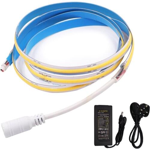 Dimmable 12V Flexible LED COB Strip Light Bar for Decoration Lighting RA 90 Warm Cold White Soft COB Tape + 12V UK Power Supply