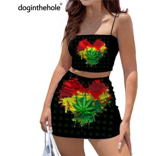 Doginthehole Jamaica Hemp Leaf Design Womens Sexy Dress Suits 2021 New Fashion Reggae Print Crop Tops and Mini Skirt Outfits
