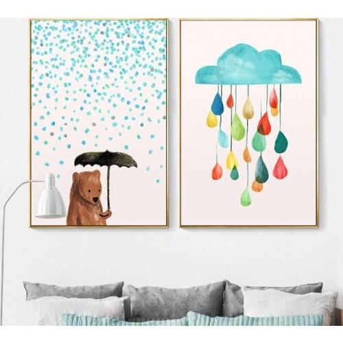 HAOCHU Nordic Abstract Cartoon Blue Cloud Colorful Raindrops Bear Canvas Painting Wall Picture For Kids Room Home Decor