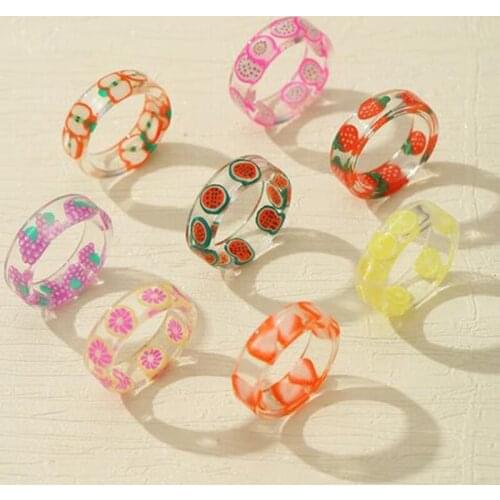Fruit Series Ring 2021 New Colorful Acrylic Resin Strawberry Kiwi Lemon Watermelon Summer Jewelry Ins Gift for Women Girls