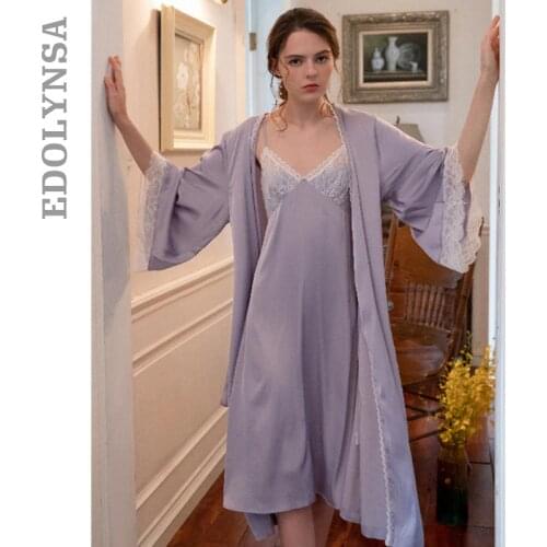 Sexy Purple Robe Set Two Pieces Spaghetti Strap Deep V Neck Sleepwear Lace Bathrobe Set Luxury Nightgown Long Negligee T899