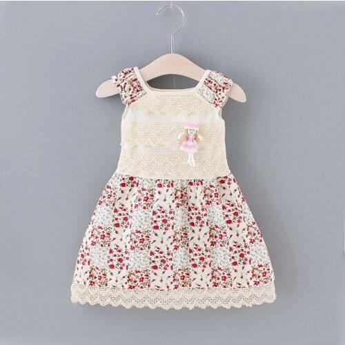 Flower Print Summer Dress For Toddler Kids Lace Ruffle Princess Dress Baby Girl Clothes Cartoon Brooch Outfit Платья Для Девочек