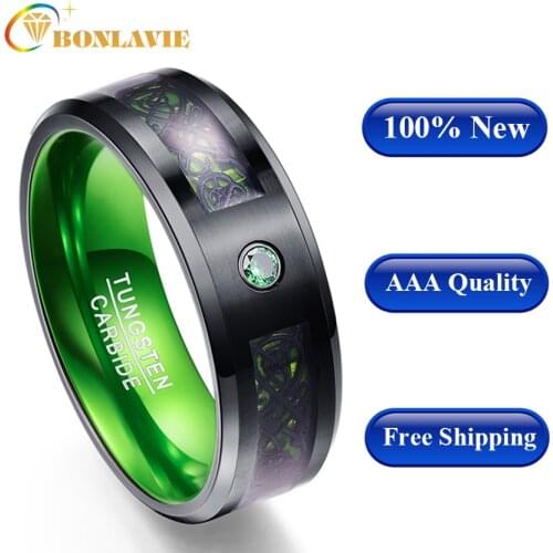 Carbon Fiber Green Zircon Men Rings 100% Tungsten Carbide Wedding Bands Gift Anillos para hombres Black Dragon AAA Quality