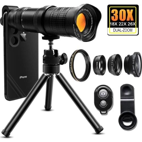 18-30X Adjustable Zoom Lens Kit 4 in 1 Tripod Telephoto 18-30X+MC UV Filter+Remote+Fisheye+Macro+Wide Angle Lens For Smartphone