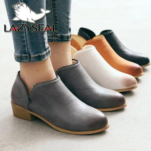 LazySeal 2020 New Women Ankle Boots Winter Boots Hoof Heels Slip-on Shoes Booties Woman Boots Ladies Shoes Plus Large Size 43