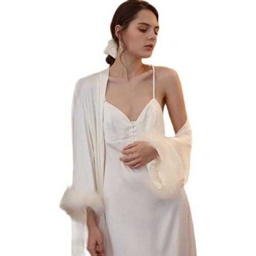 2020 New Silk Nightdress Autumn and Winter Women French Nightgown Dungaree Dress Retro Sexy Fashion White Leisure Tops