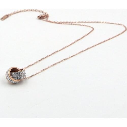 New Compact Double Loop Phase Buckle Crystal Pendant Necklace Titanium Steel Rose Gold Color Jewelry Necklace Mothers Day Gift