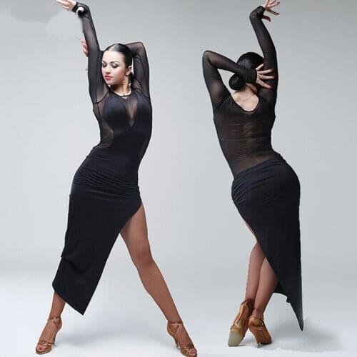 New Latin Dance Dress For Women Black Long Sleeve Dress Professional Dance Dress Tango Modern Flamengo Female Latin Dress VDB384