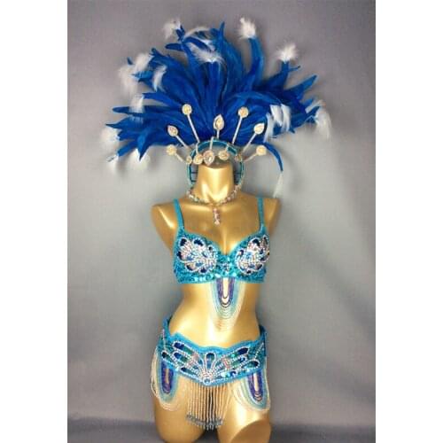 Free shipping hot selling Sexy Samba Rio Carnival Costume handmde new belly dance costume with Turquoise Feather Head piece