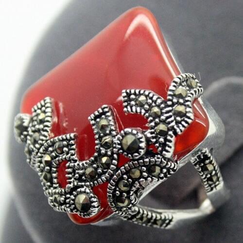 Wholesale good fashionable 22X20mm 925 Silver Natural Red Agates stone Marcasite Ring Size 7/8/9 10 silver Fine mans jewelry