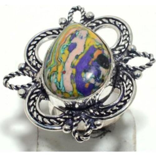 Genuine Rainbow Calsilica Ring Silver , Hand Made Women Jewelry gift , Size: 5.25 , R7156