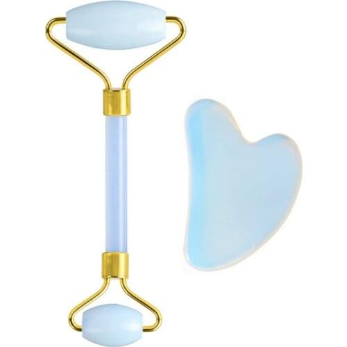 Natural Opalite Jade Roller & Gua Sha Tool Set Face Massage Care Tool Gift Boxes Opal Facial Massage Roller Gouache Scraper Set