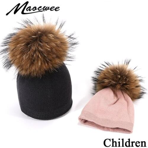 2019 New Childrens Knit Pompon Hat Watermelon Beanie Hat Fur Pom Pom Winter Hat Boy Girl Warm Skullies Bone Kids Baby Soft Cap