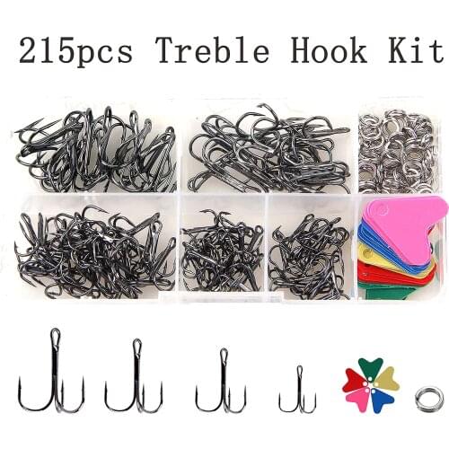 215pcs/Box Treble Hook High Carbon Steel Hooks Strong Sharp Round With Stainless Steel Split Ring Heart Shaped Plastic Sheet