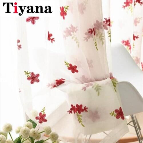 Rustic Red Flower Embroided Sheer Tulle Linen Curtains for Living room Kitchen Window Drapes Door 1 PCS Grommet Top Yarn P261X