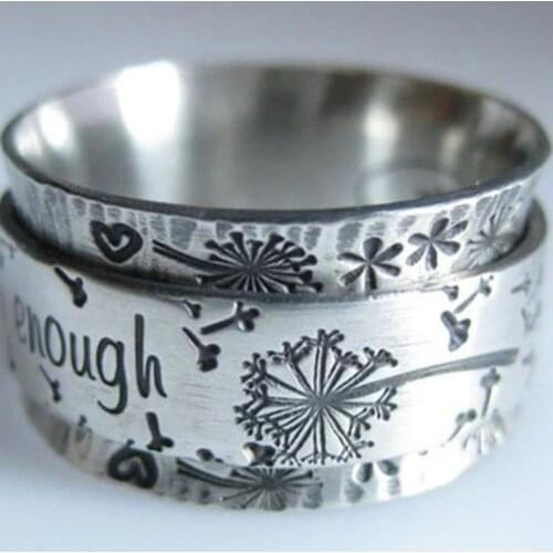 Vintage Silver Color Engraved Dandelion Wide Ring Lettering I am Enough Inspiration Rings for Men Women Punk Party Jewelry Z158
