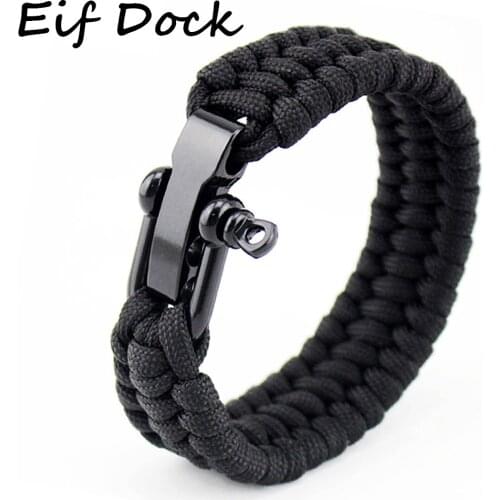 Hight Quality Mens Stainless Steel Anchor Shackles Black Leather Bracelet Adjustbale Nylon Rope Men Survival Wristband Bangles