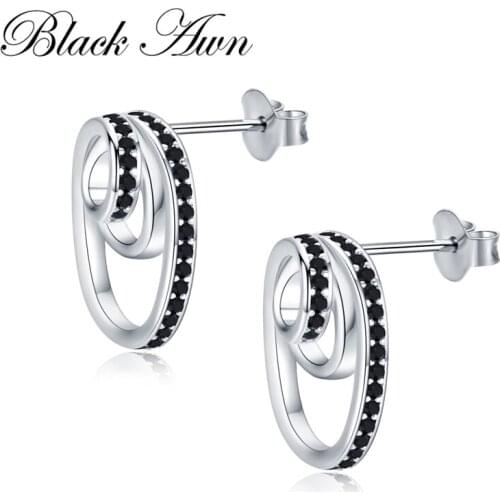 [BLACK AWN] 925 Sterling Silver Earrings Trendy Black Spinel Stud Earrings for Women Spiral Female Bijoux I079