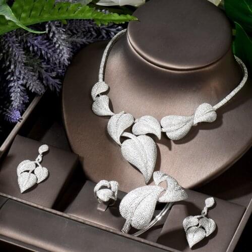 HIBRIDE Brilliant Big Cubic Zirconia Leaf White Gold Color Wedding Brides Necklace Earring Set Women Fashion Jewelry N-1781
