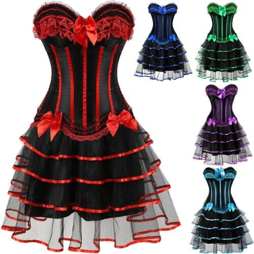 New Multiple Colour Goth Steampunk Plus Size Corset Dress Overbust Corsets and Bustiers Women tops Lady Party Mini Skirt set
