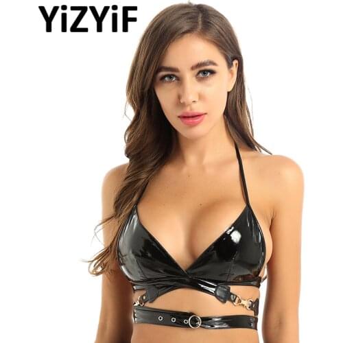 Womens Sexy Lingerie Bra Top Wet Look Patent Leather Bras Women Sexy Clubwear Halter Neck Strappy Wrap Around Bralette Lingerie