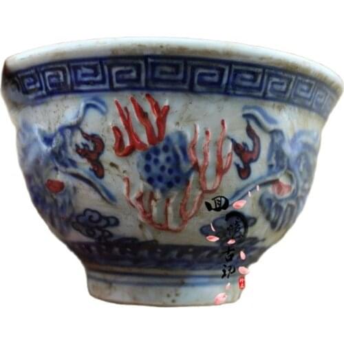Pure hand painted blue and white porcelain bowl with red relief in glaze and double dragons playing beads in Qianlong of Qing Dy