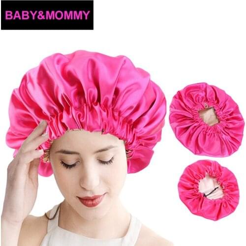 2PCS/SET Reversible Stain Silky Bonnet double layer for Parent Kids Sleep Night Cap Cover Headwrap Hat Hair Wrap