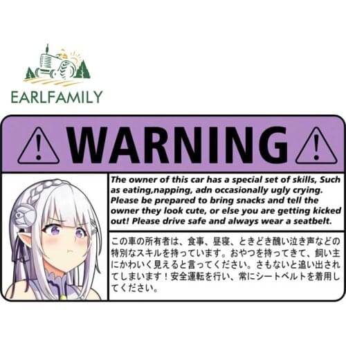 EARLFAMILY 13cm x 7cm for Emilia Warning Anime Car Stickers Graffiti Waterproof Decal Sunscreen Vinyl Car Wrap RV JDM Sticker